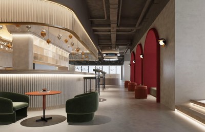 以黑白灰调搭配红色为主基调的装修风格，为客户营造舒适、轻松的共享办公氛围