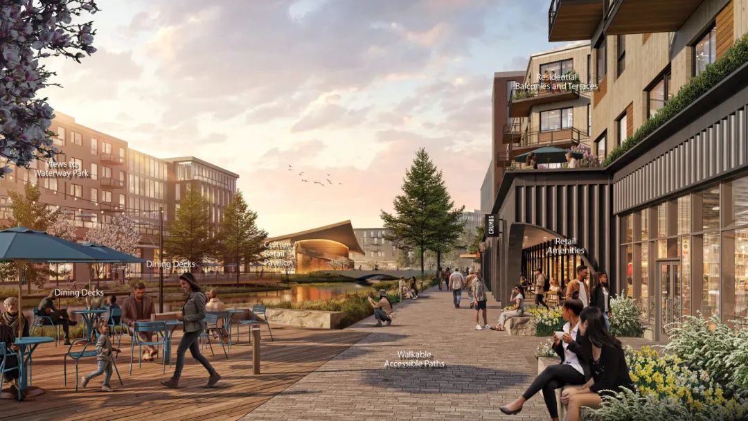 rendering of person sitting on bench on pedestrian-centered walkway