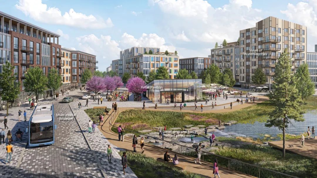 rendering of people along the waterway shore enjoying the ecological benefits